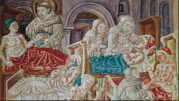 Ilustração antiga de um hospital de tratamento de leprosos - Domínio Público via Wikimedia Commons