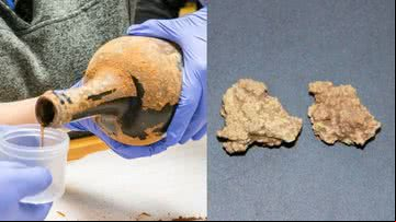 Garrafa com líquido e pedaços de queijo são algumas das principais descobertas de 2024 - Divulgação/Mount Vernon e Wenying Li/Xinjiang Cultural Relics and Archaeology Institute