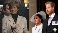 Á esquerda imagem da princesa Diana e à direita imagem de Harry e Meghan Markle juntos - Foto de Pascal Rondeau na GettyImages e Foto de Matt Dunham na GettyImages