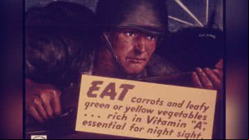 Propaganda associa combatente com suposta vantagem ocular proporcionada pelo consumo de cenouras - Domínio Público / National Archives and Records istration